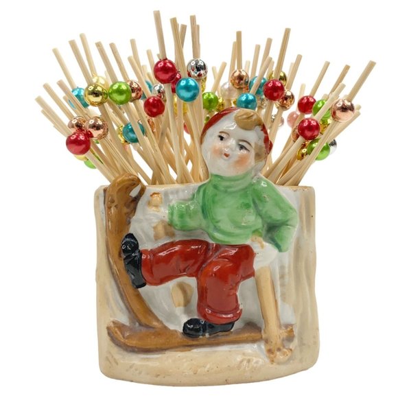 Vintage Toothpick Holder Snow Skiing Boy Winter Holiday Table Decor Japan MCM - Picture 1 of 12